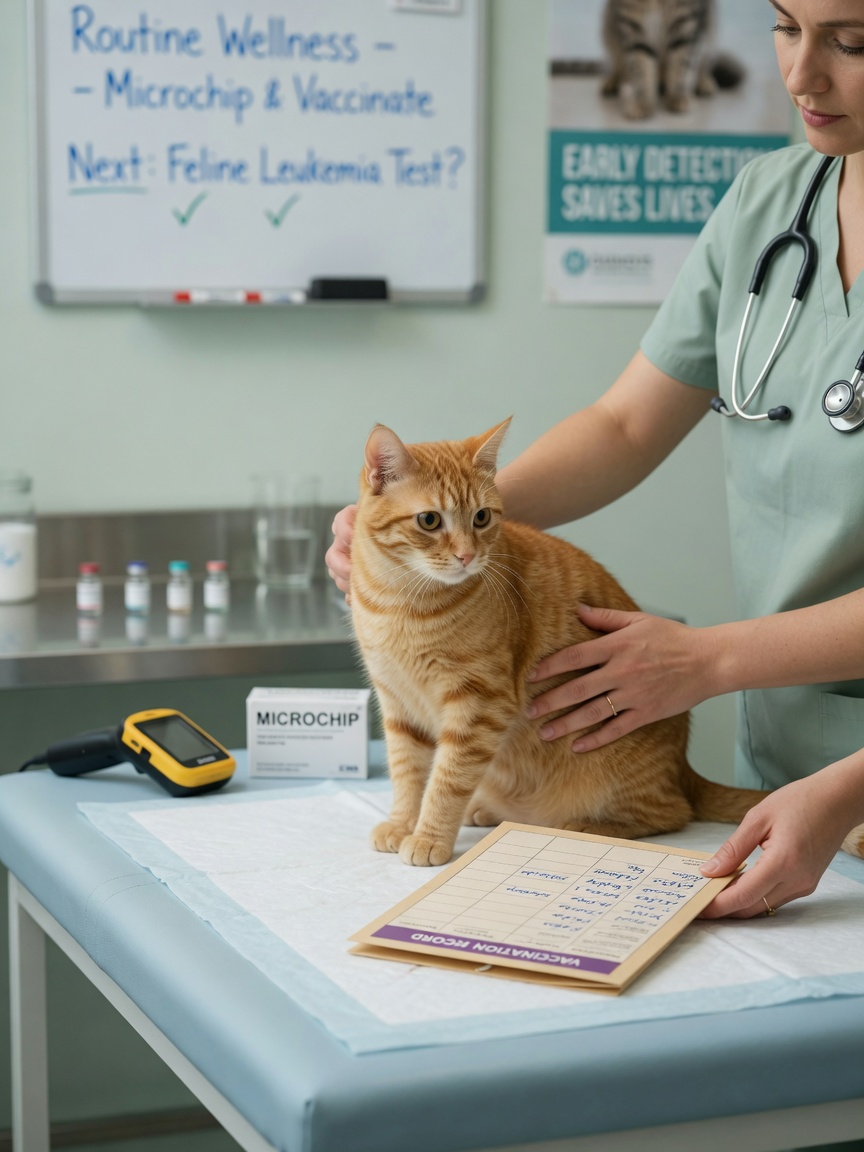 Veterinarian examining tabby cat during medical documentation for shelter intake