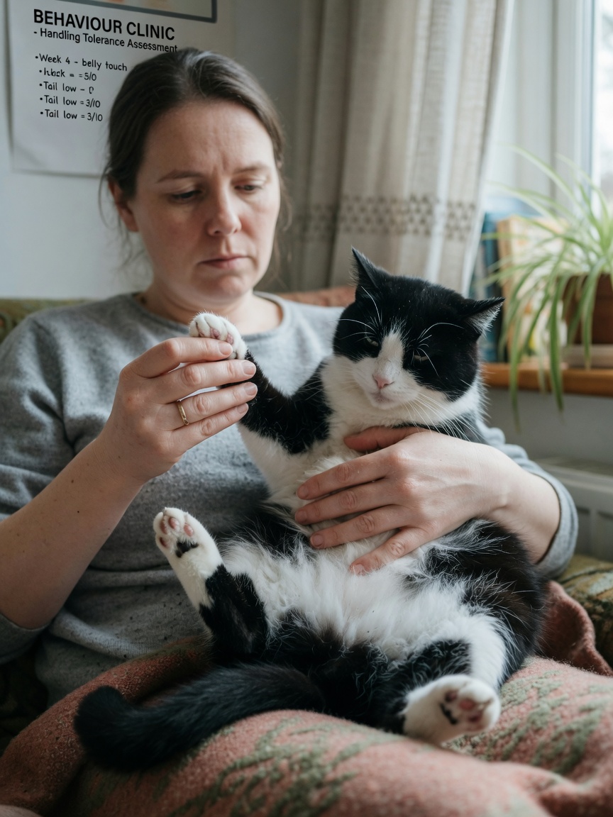 Cat owner carefully assessing cat's tolerance to handling and behavioral reactions at home