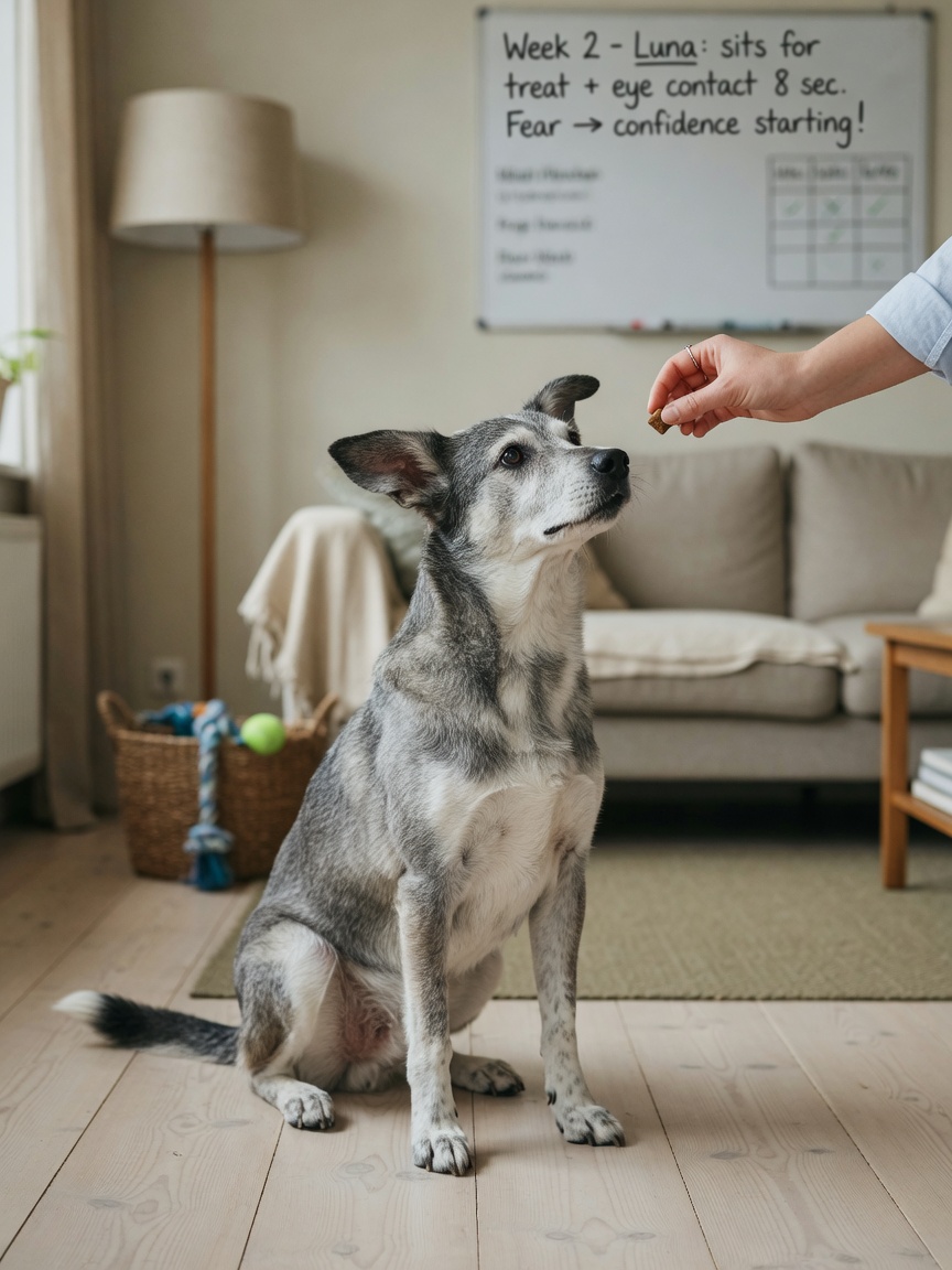 Rescue dog showing emerging confidence during training session week two, focused on treat reward, relaxed posture demonstrating progress