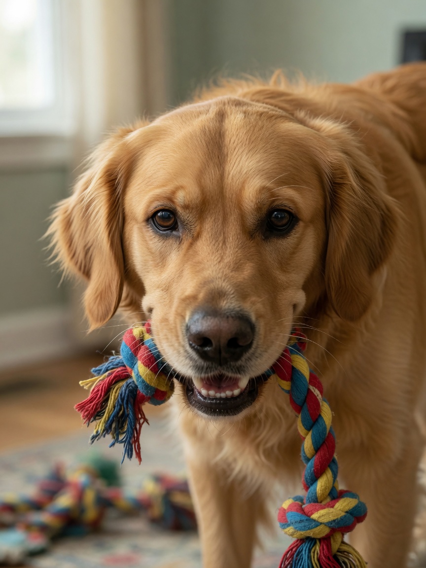 Close-up of a golden retriever displaying escalating resource guarding warning signs including stiffened body, hard stare, and lip curl over a toy