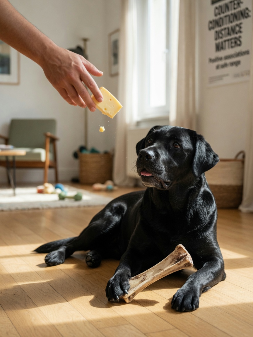 Counter-conditioning technique showing a treat being tossed to a black Labrador lying with a bone, demonstrating positive reinforcement at safe distance