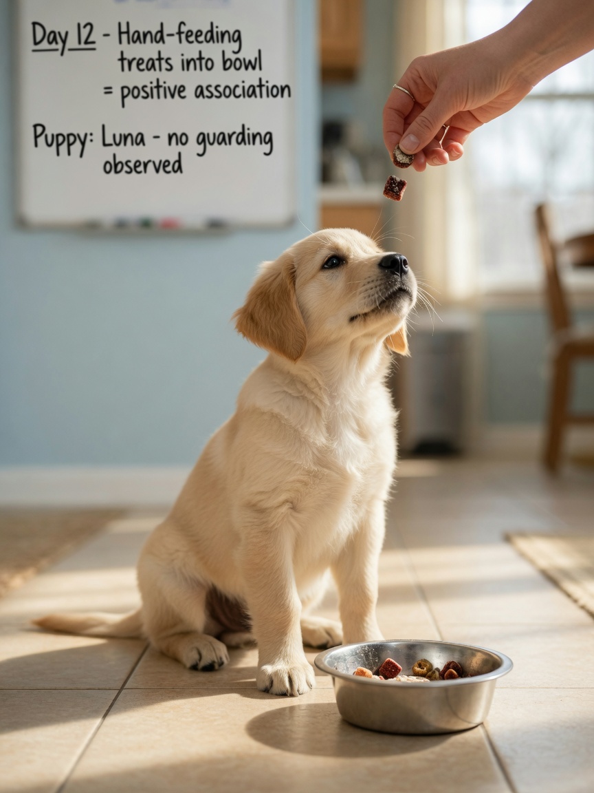 Puppy training showing positive resource guarding prevention with treat reward at food bowl
