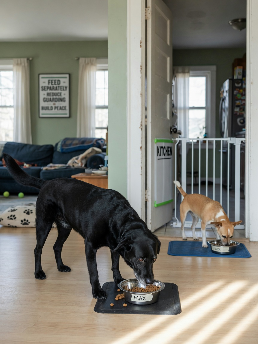 Separate feeding management strategy showing two dogs eating in different rooms without conflict