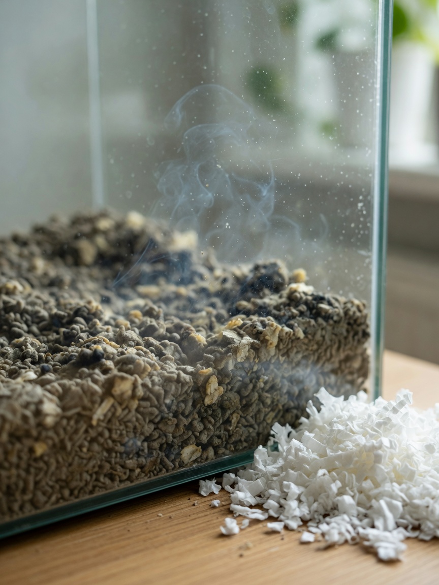 Comparison of soiled ammonia-filled rat cage bedding beside fresh white paper-based bedding