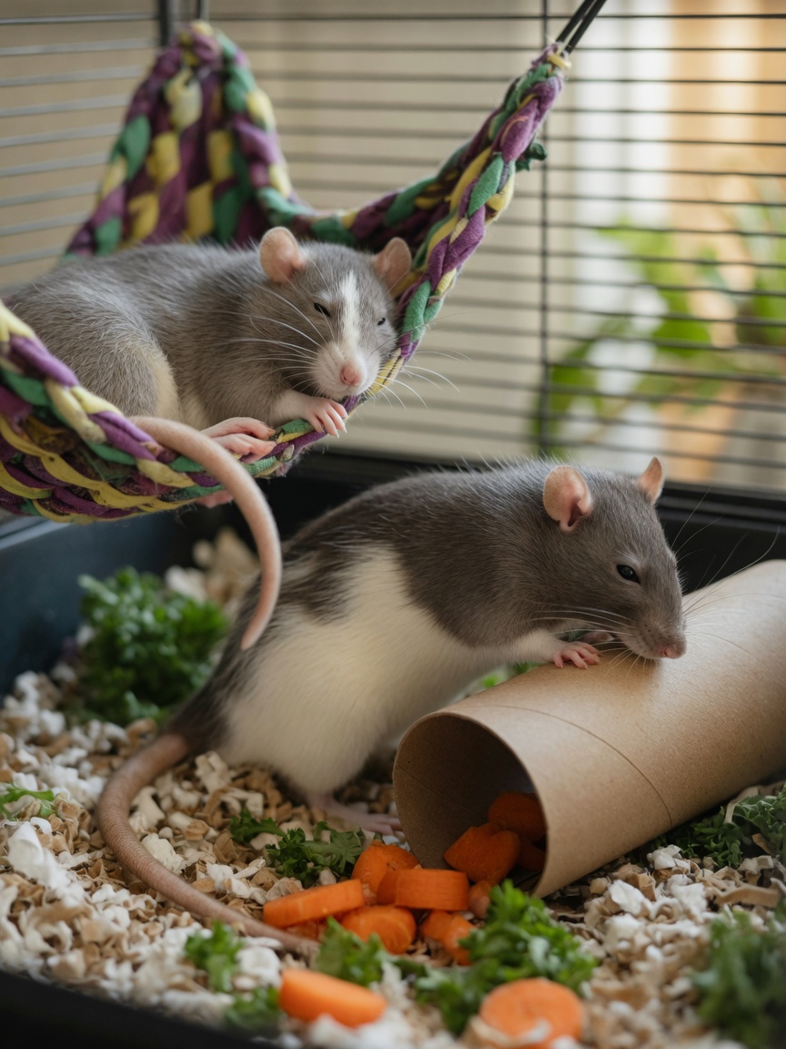 Two pet rats socializing together in an enriched cage with hammock, tunnel, and fresh vegetables