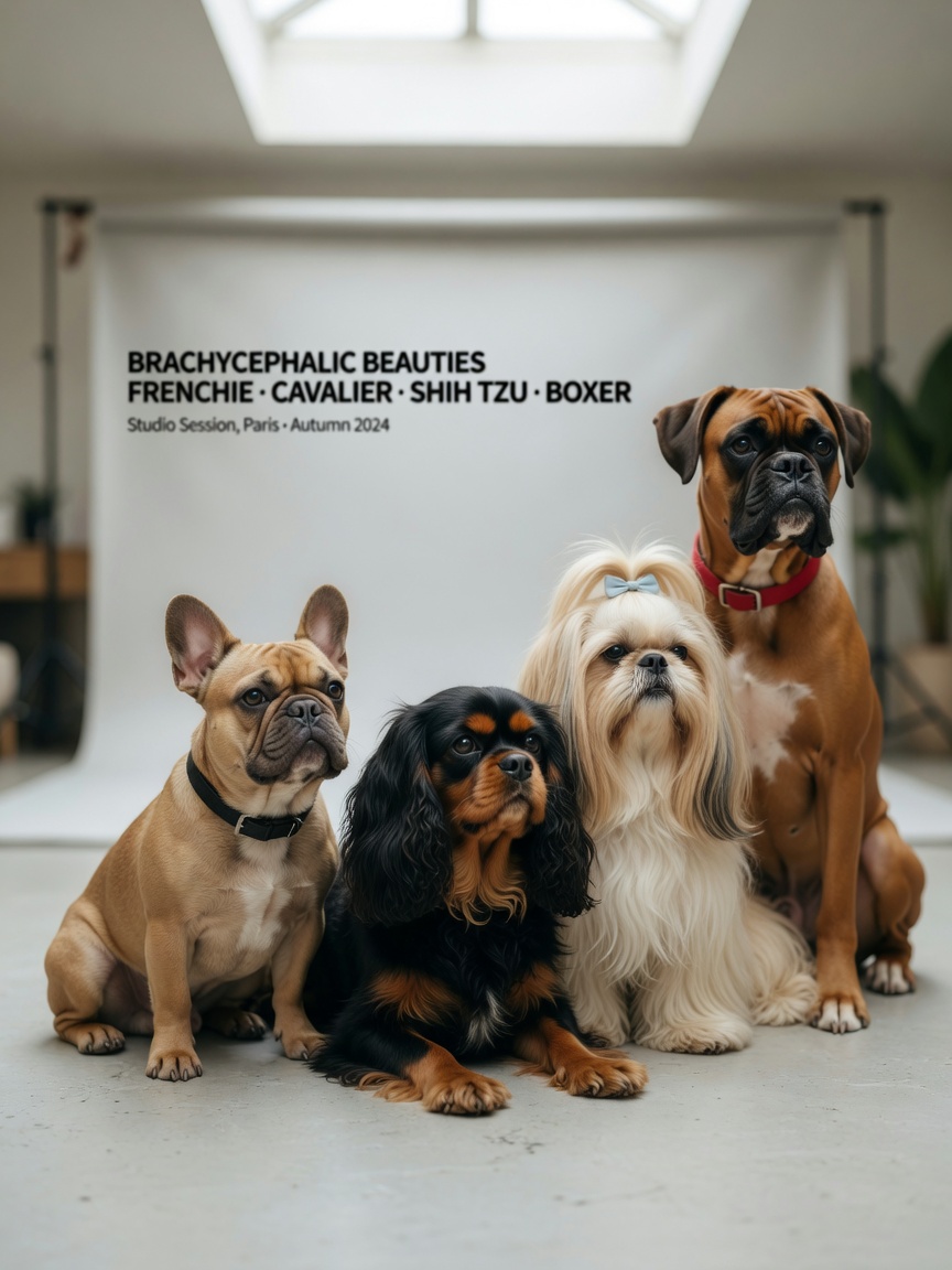 Collection of brachycephalic dog breeds most prone to reverse sneezing including Pug, French Bulldog, Cavalier, Shih Tzu and Boxer