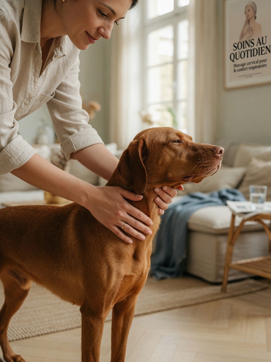 Owner gently massaging dog's throat during reverse sneeze episode with calm reassuring technique