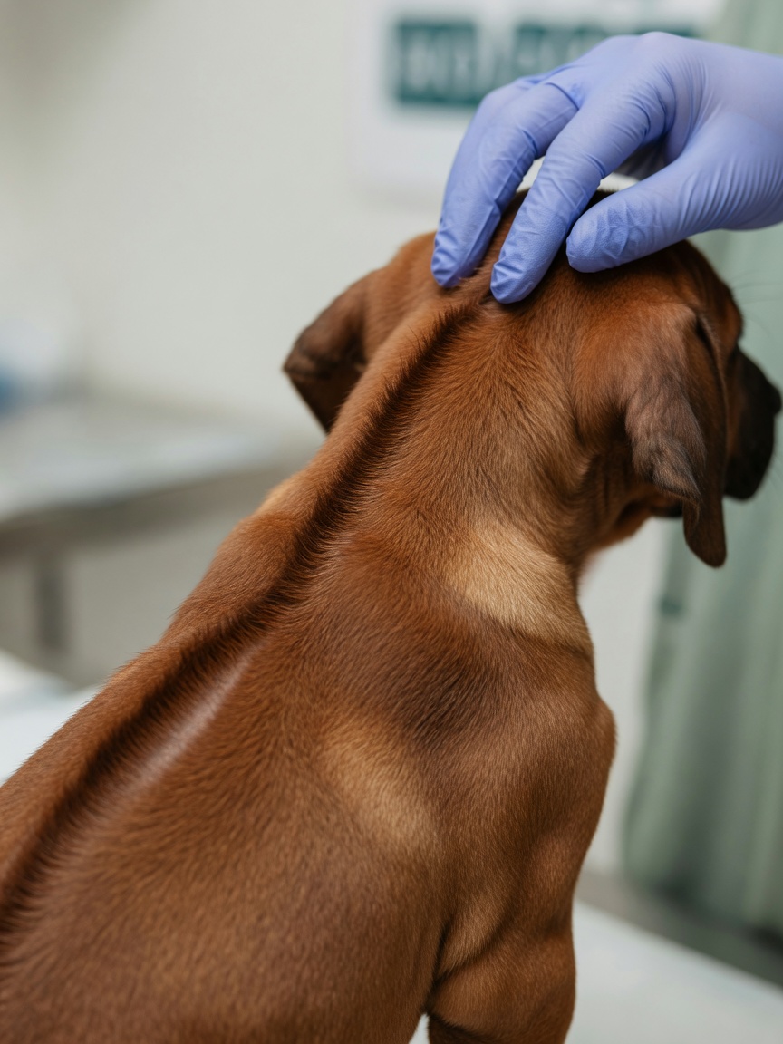 Veterinarian performing palpation examination of a Rhodesian Ridgeback puppy's dorsal ridge to check for dermoid sinus