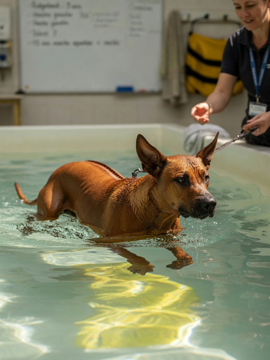 Rhodesian Ridgeback undergoing hydrotherapy swimming as part of hip dysplasia management and low-impact exercise