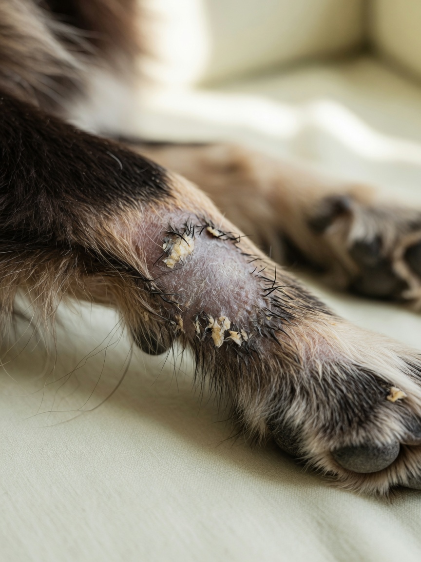 Nahaufnahme der Hundepfote mit Ringworm-Symptomen einschließlich fleckiger Haarausfall, schuppiger Haut und brüchiger Haare