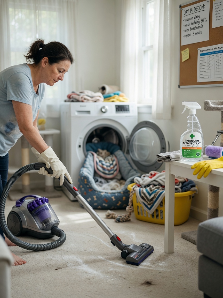 Home decontamination process showing vacuuming and cleaning surfaces to remove ringworm spores