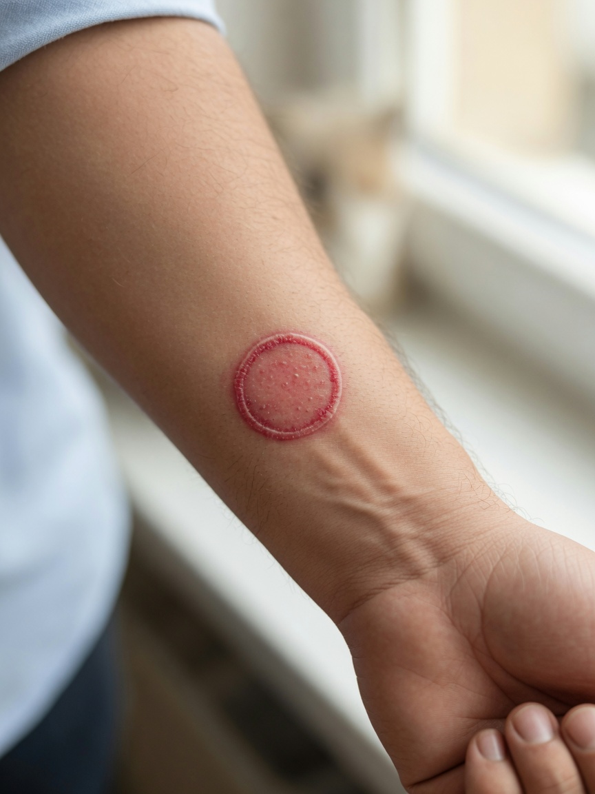Close-up of a human arm showing a red, itchy circular ringworm lesion demonstrating the zoonotic transmission risk from cats to humans