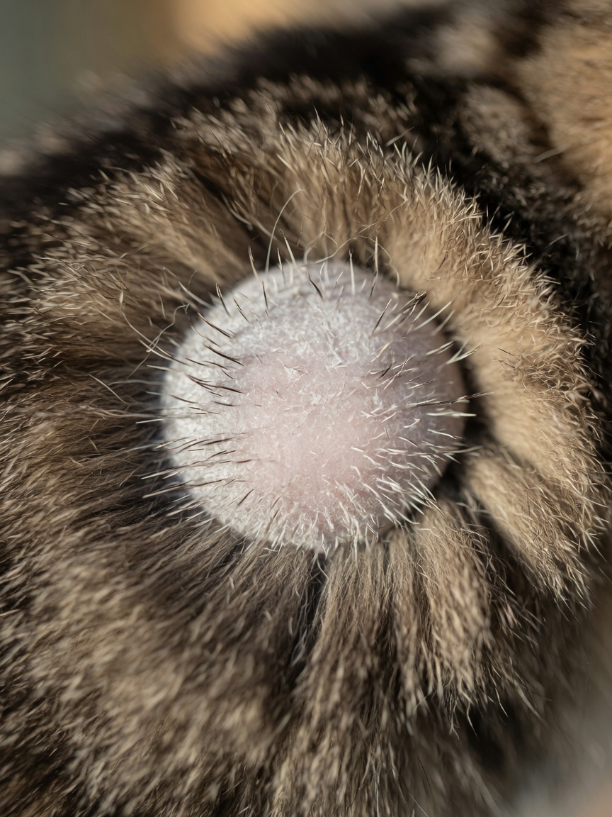 Close-up of a circular ringworm lesion on a cat showing hair loss with broken hairs and fine scaling at the margins