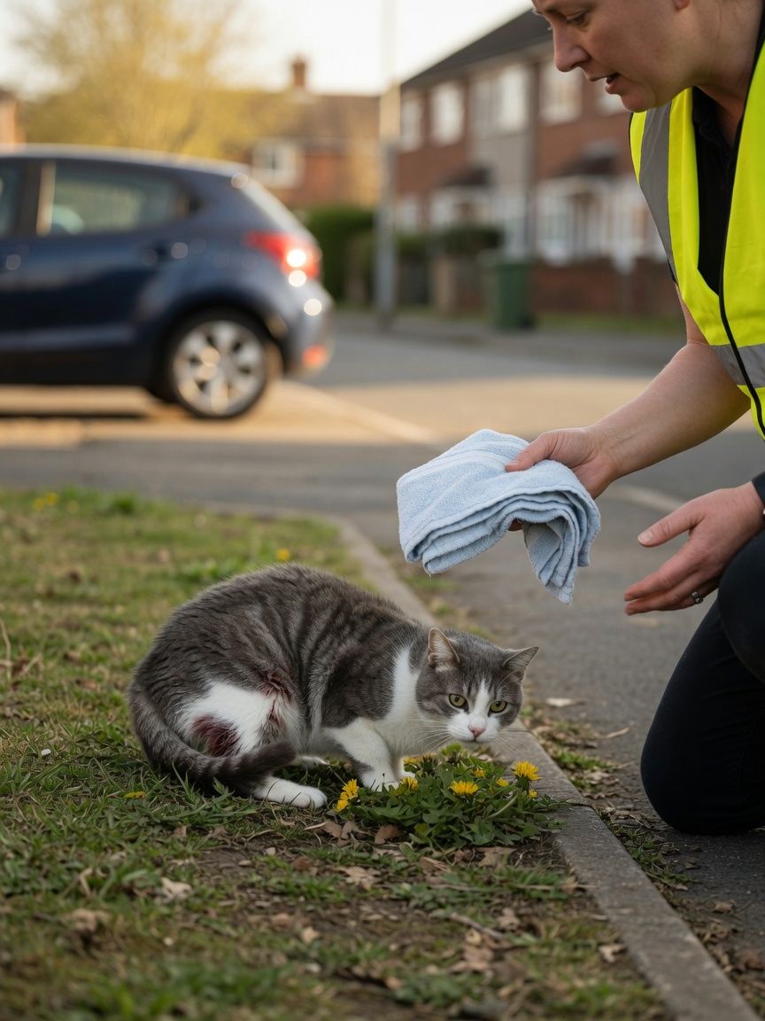 Person cautiously approaching an injured cat on a road verge with a soft towel