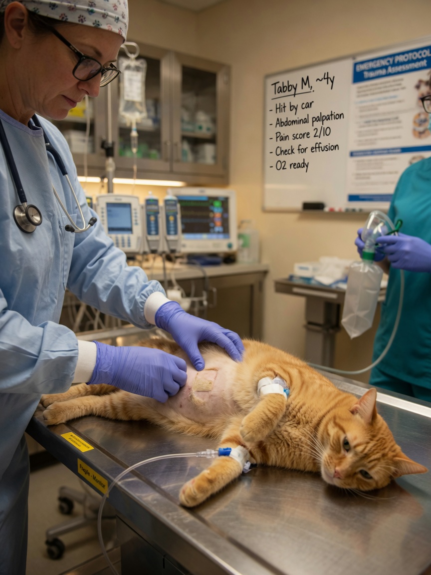 Veterinarian performing emergency assessment and examination of an injured cat in a clinic treatment room
