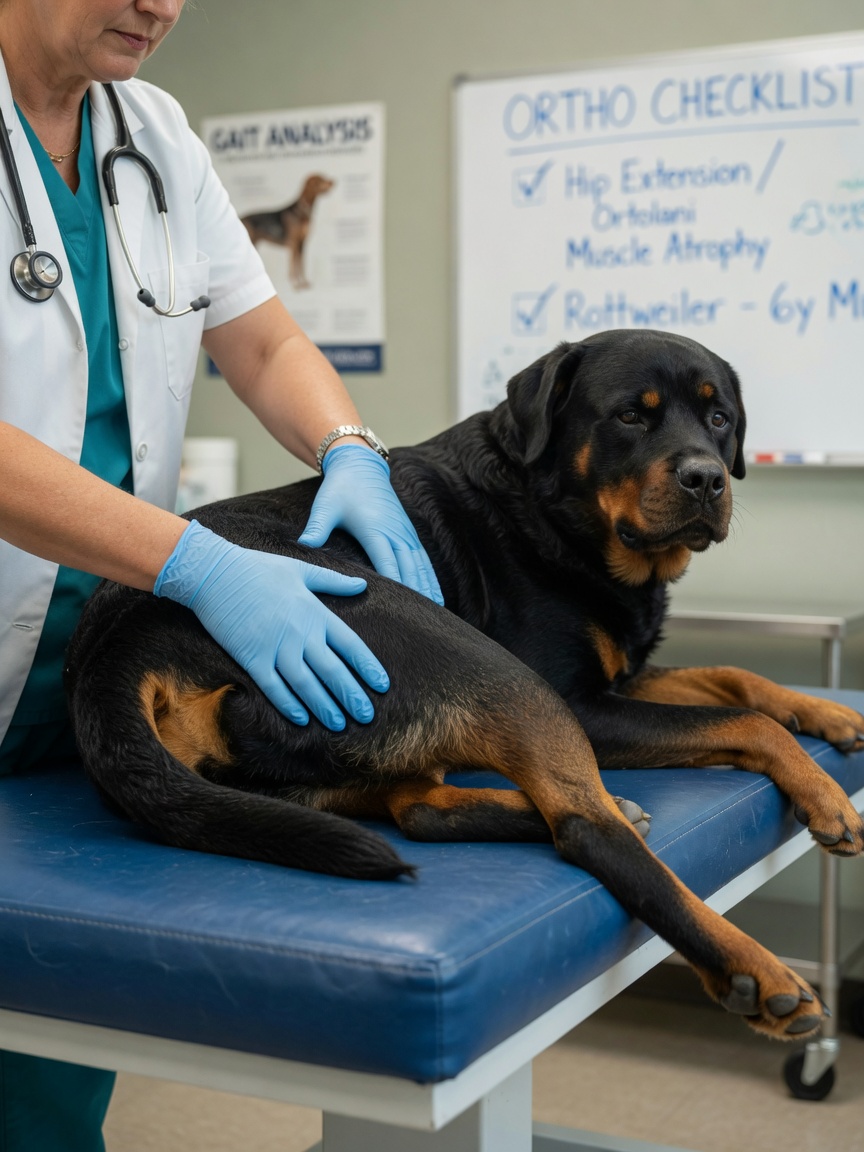 Veterinarian performing orthopedic examination of Rottweiler's hip joint on padded examination table