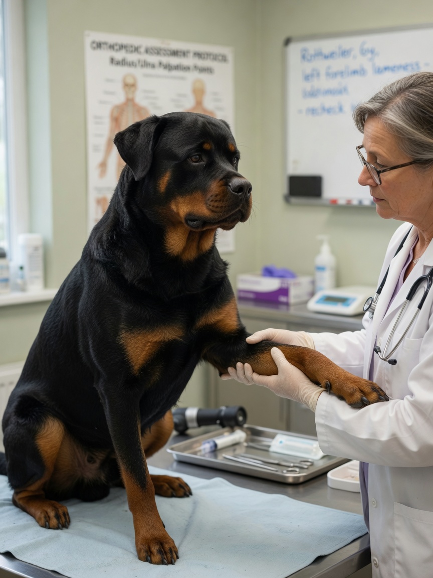 Veterinarian carefully examining Rottweiler's front leg to assess for bone abnormalities or cancer signs