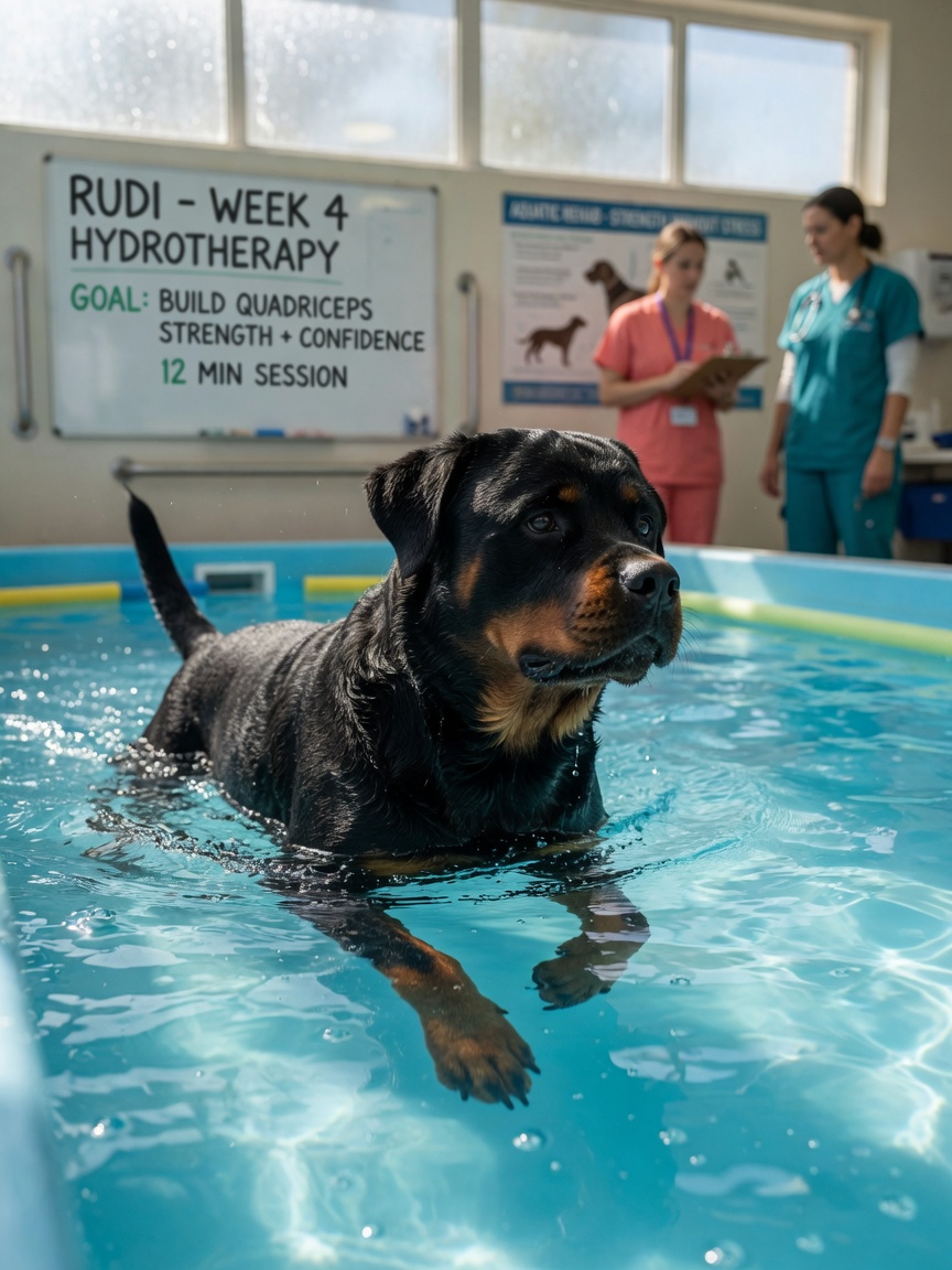 A Rottweiler performing low-impact therapeutic swimming for joint disease management and rehabilitation