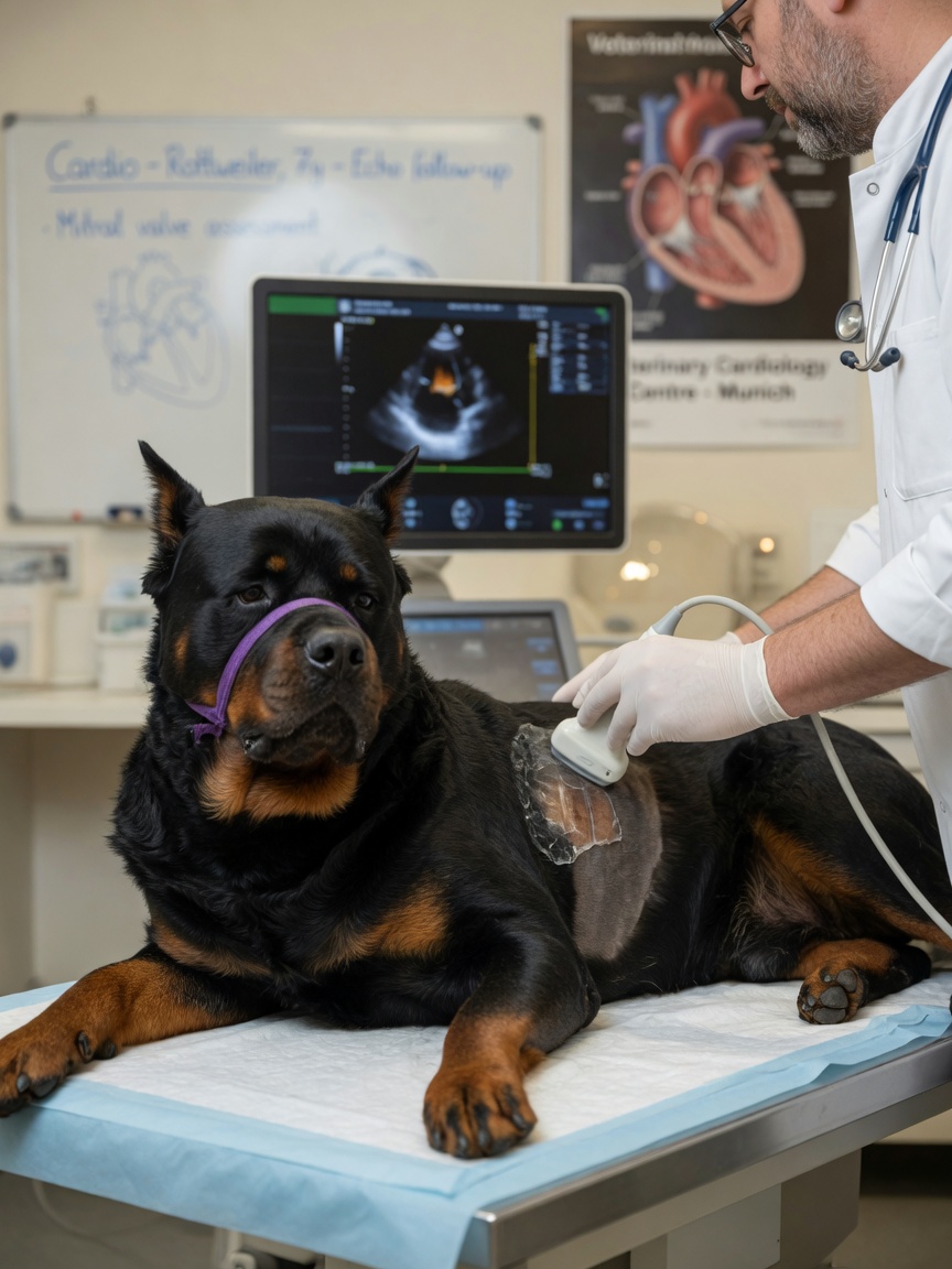 A Rottweiler undergoing cardiac echocardiography to diagnose and evaluate subaortic stenosis