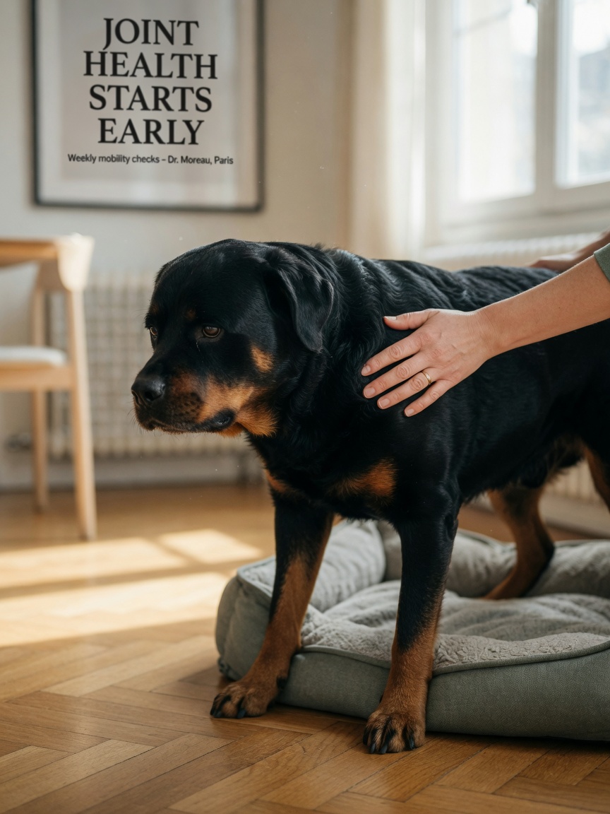A Rottweiler being gently helped up from a dog bed by its owner, illustrating early signs of joint stiffness