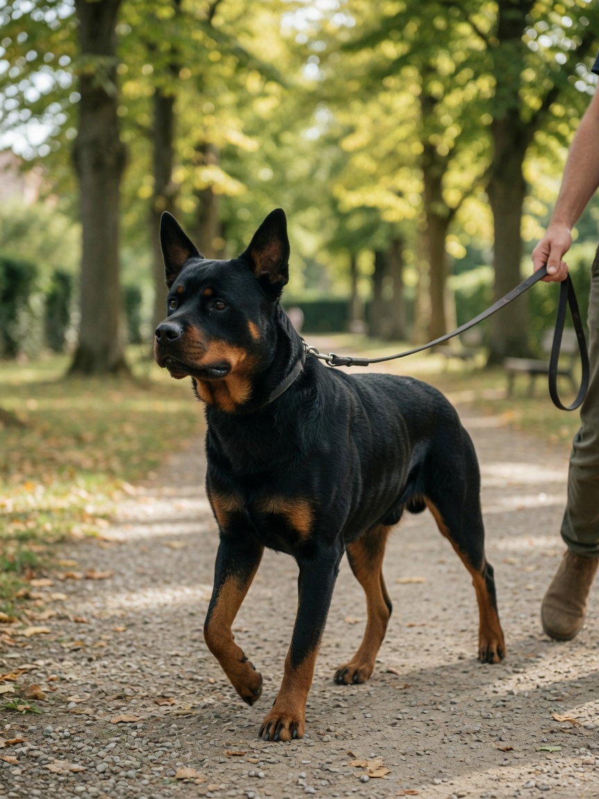 A lean Rottweiler on a controlled walk with its owner demonstrating ideal weight and appropriate low-impact exercise