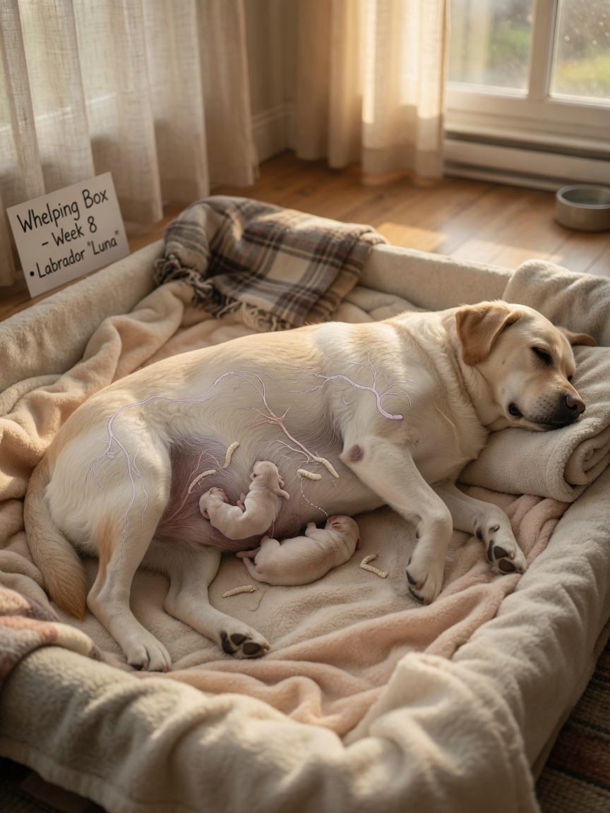 Pregnant dog resting on soft bedding with warm light, illustrating transplacental transmission of roundworm larvae to developing puppies.