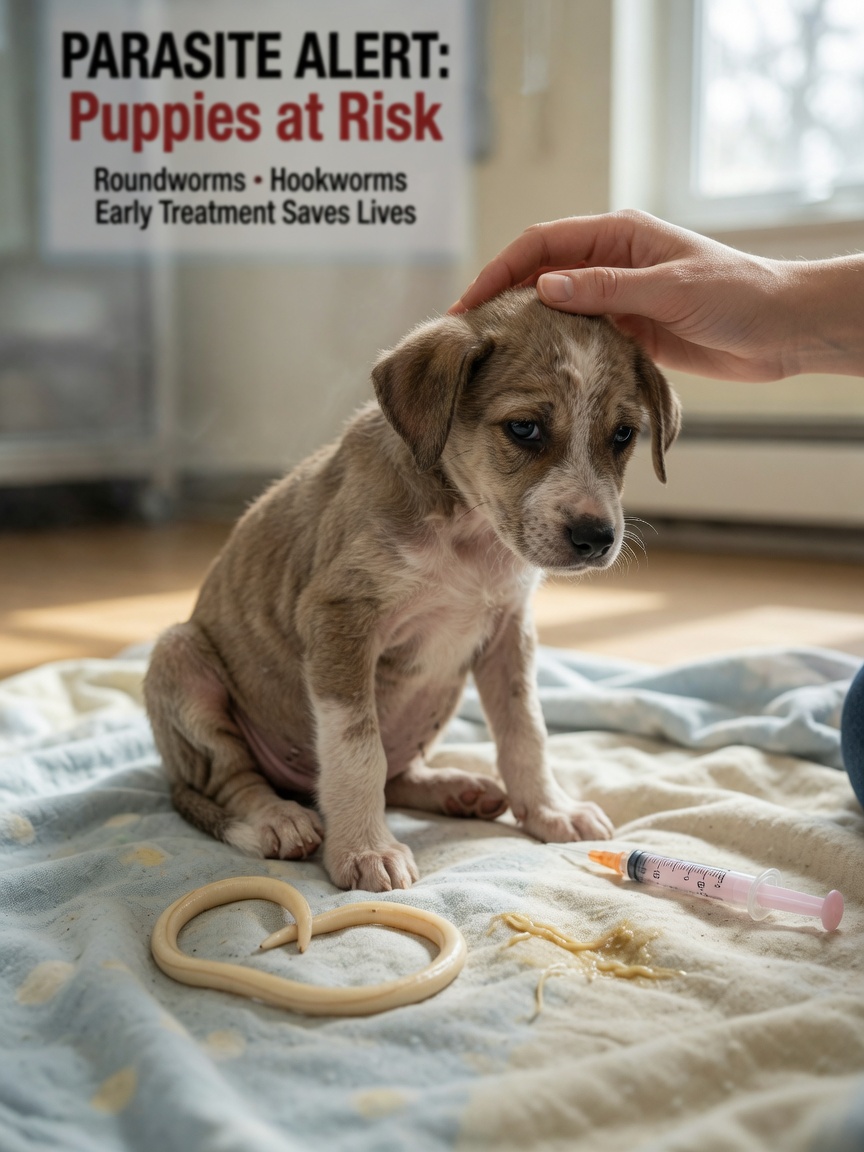 Sickly puppy displaying roundworm infection signs including pot-belly and dull coat, with a roundworm specimen and deworming syringe on a blanket nearby.