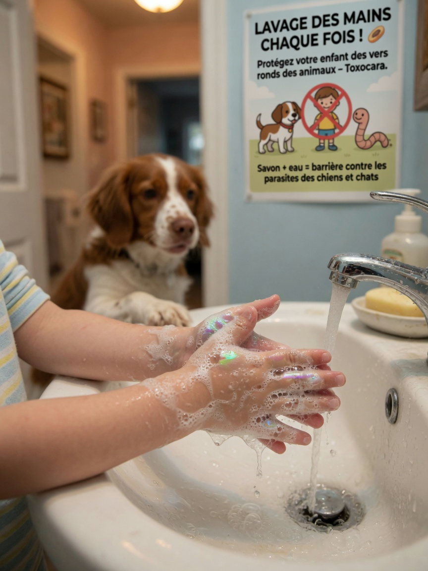 Child washing hands under running water with a family dog visible in the background, illustrating hygiene practices to prevent roundworm transmission