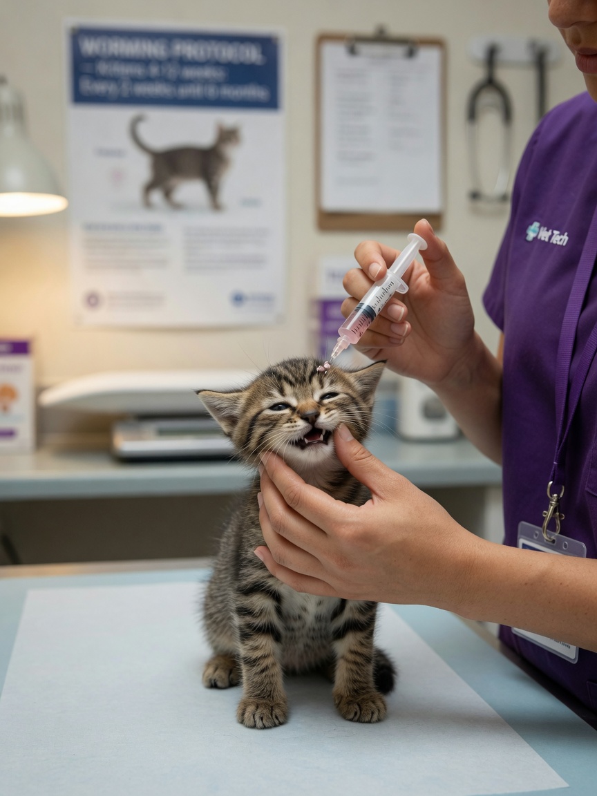 Veterinary professional administering liquid worming treatment to a tabby kitten during a routine wellness visit