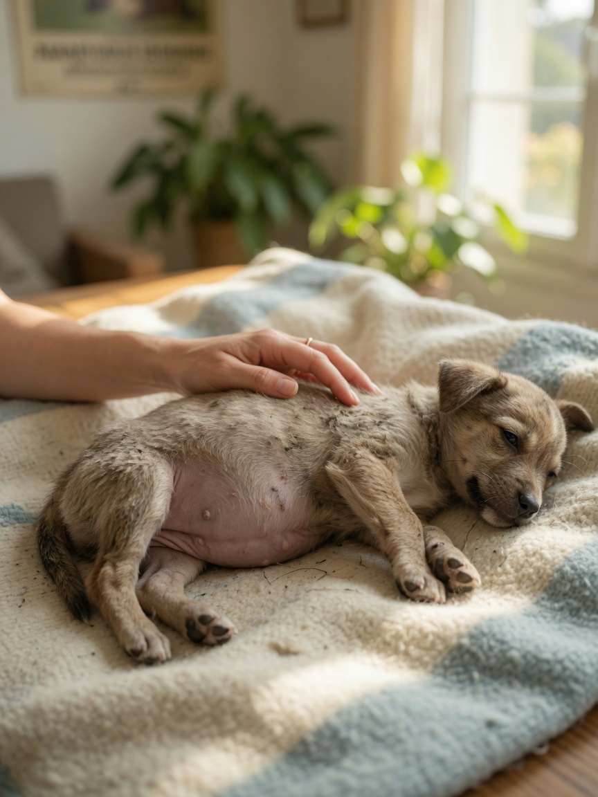 Cachorro con abdomen distendido tipo barril por infección grave de parásitos, mostrando signos visibles de enfermedad