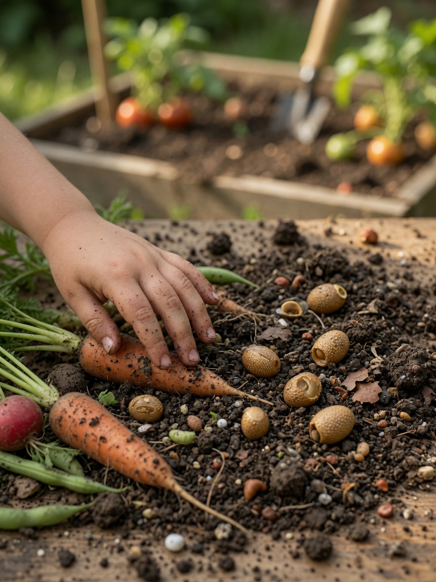 Suelo contaminado y mano de niño cerca de vegetales de jardín, ilustrando la vía de infección humana por parásitos