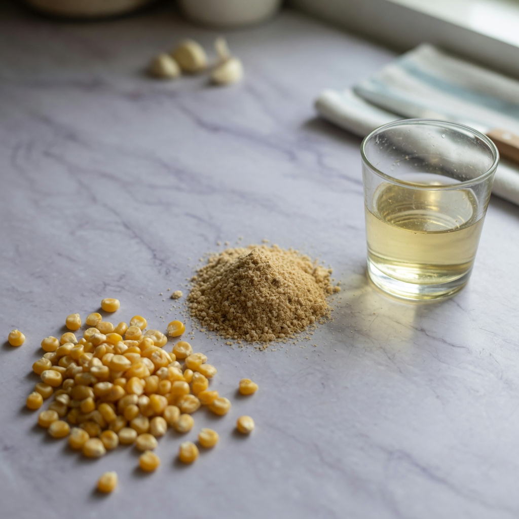 Flat-lay arrangement of dog food ingredients including corn kernels, dehydrated poultry meal, and animal fat, showing the three main components analyzed in the article
