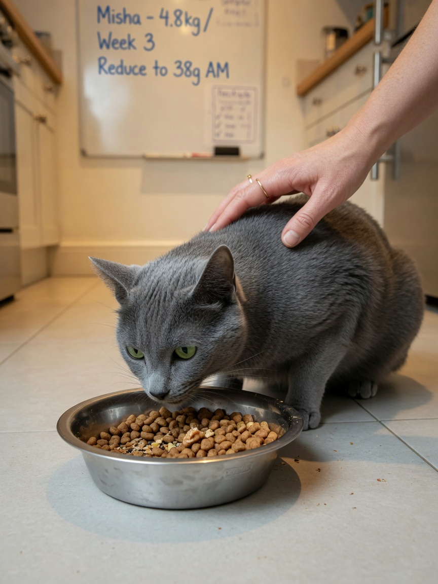 Russian Blue cat eating measured portion of food with owner assessing body condition