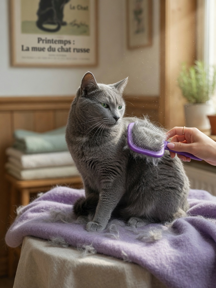 Russian Blue cat being groomed with brush during seasonal shedding period