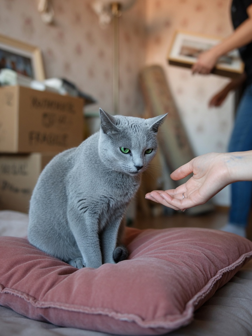 Stressed Russian Blue cat with owner's reassuring hand during environmental disruption, showing anxiety response