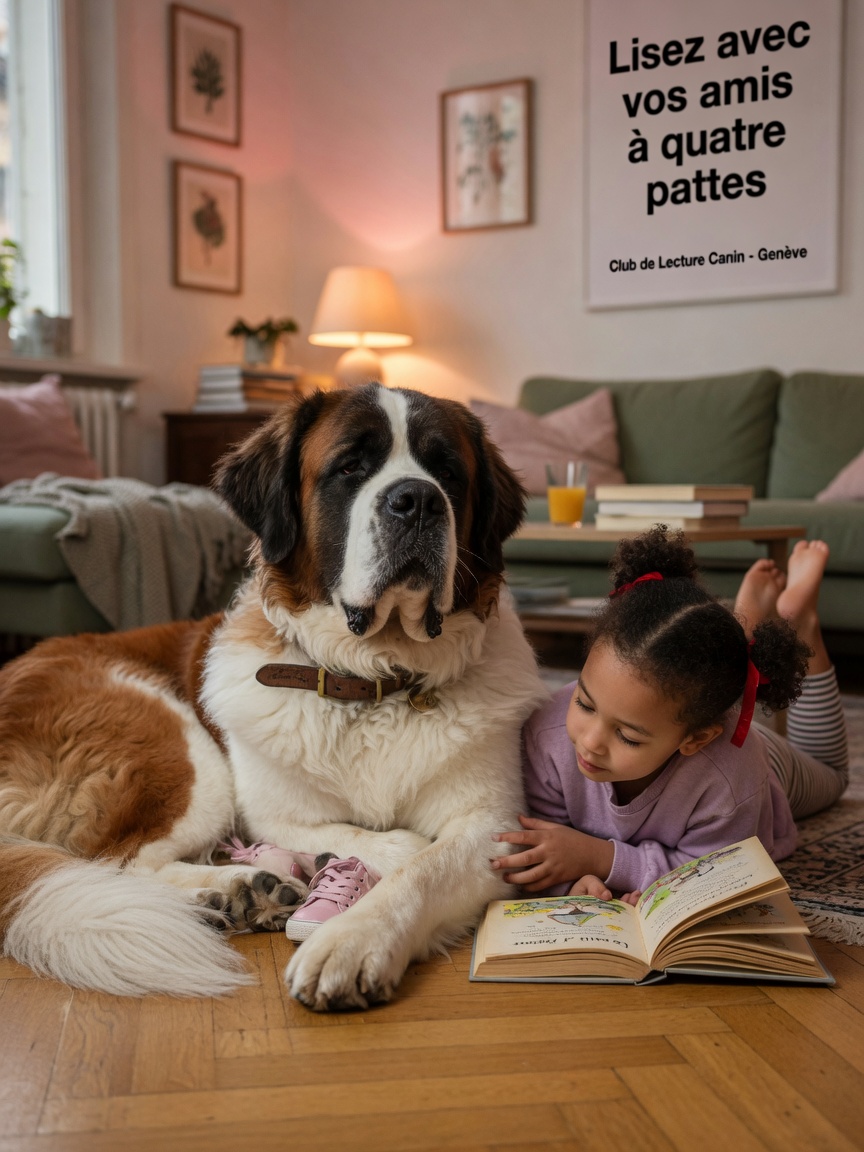 Saint Bernard relaxing peacefully with a child indoors, showing the breed's gentle family temperament