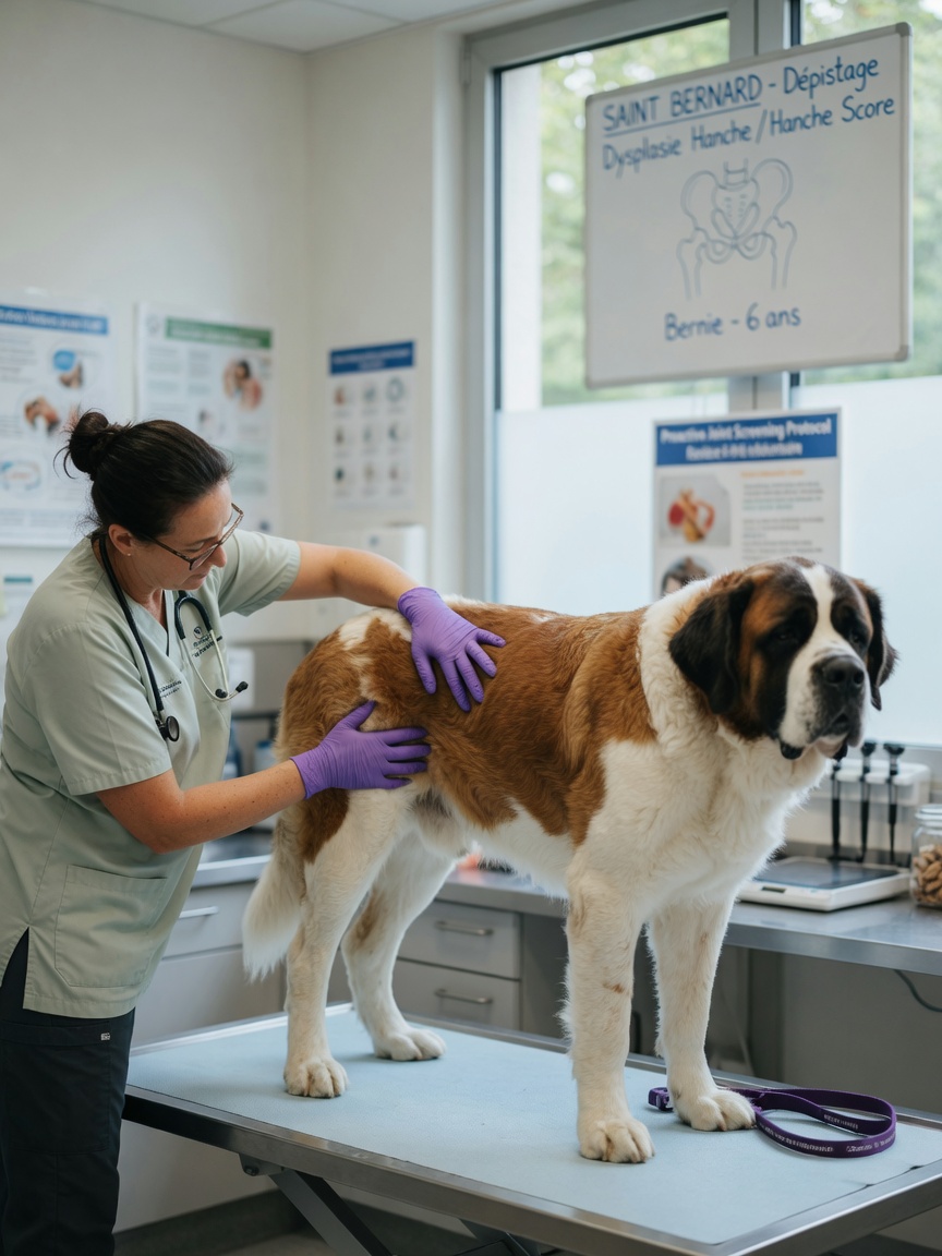 Veterinarian examining a Saint Bernard's hip and joint health during a clinical health screening