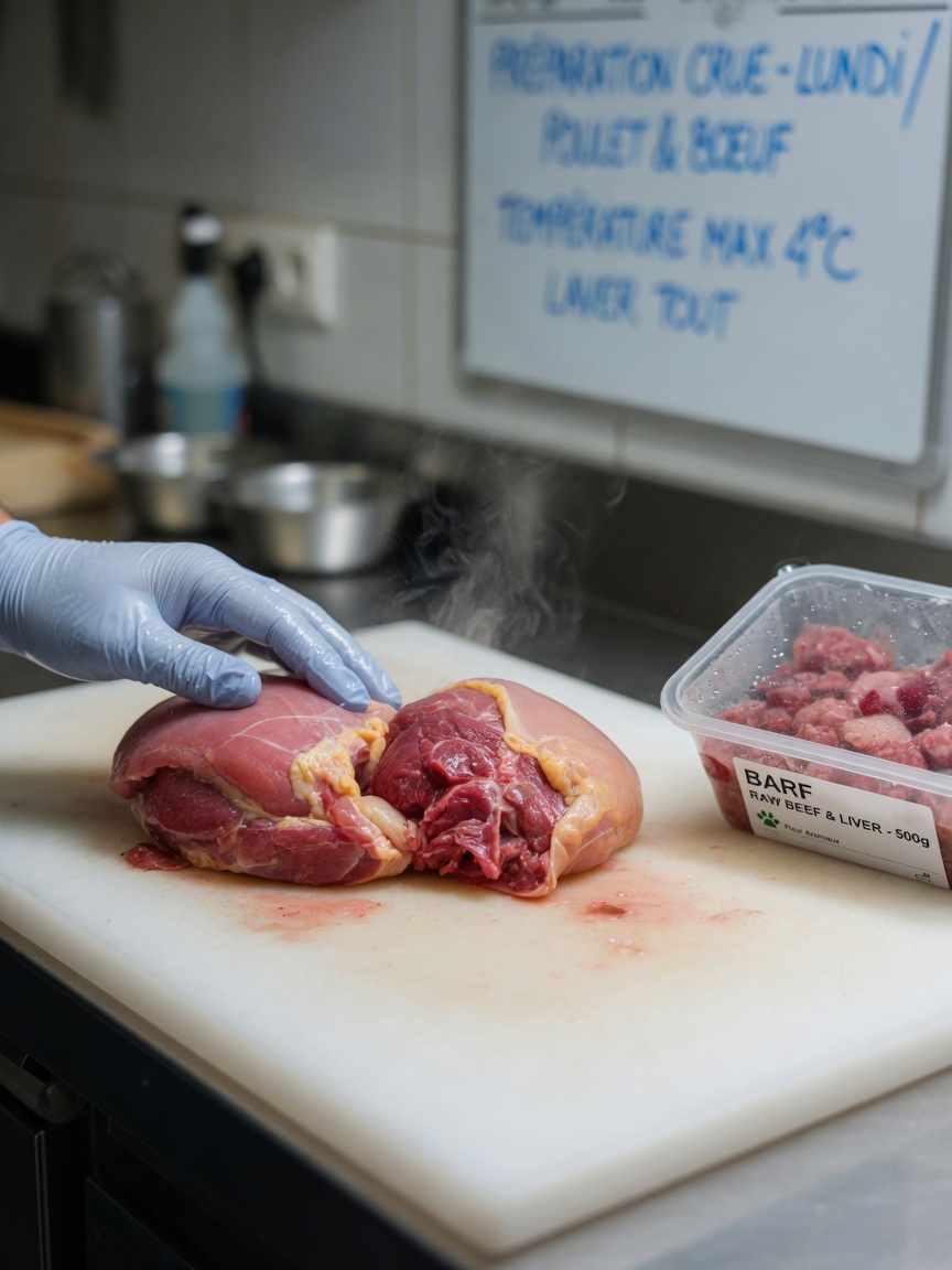 Raw meat on a cutting board showing the biological risk of uncooked animal products in pet food