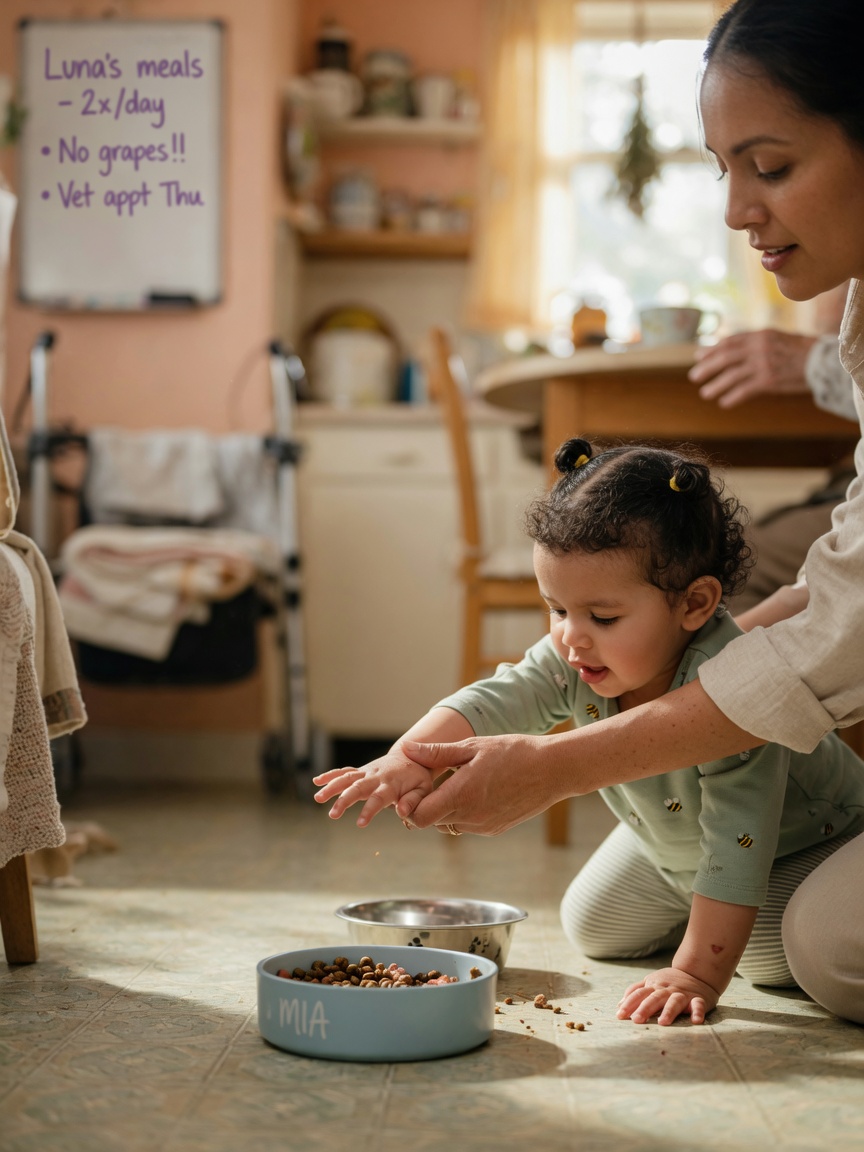 An adult supervising a young child to prevent unsupervised contact with pet food bowls