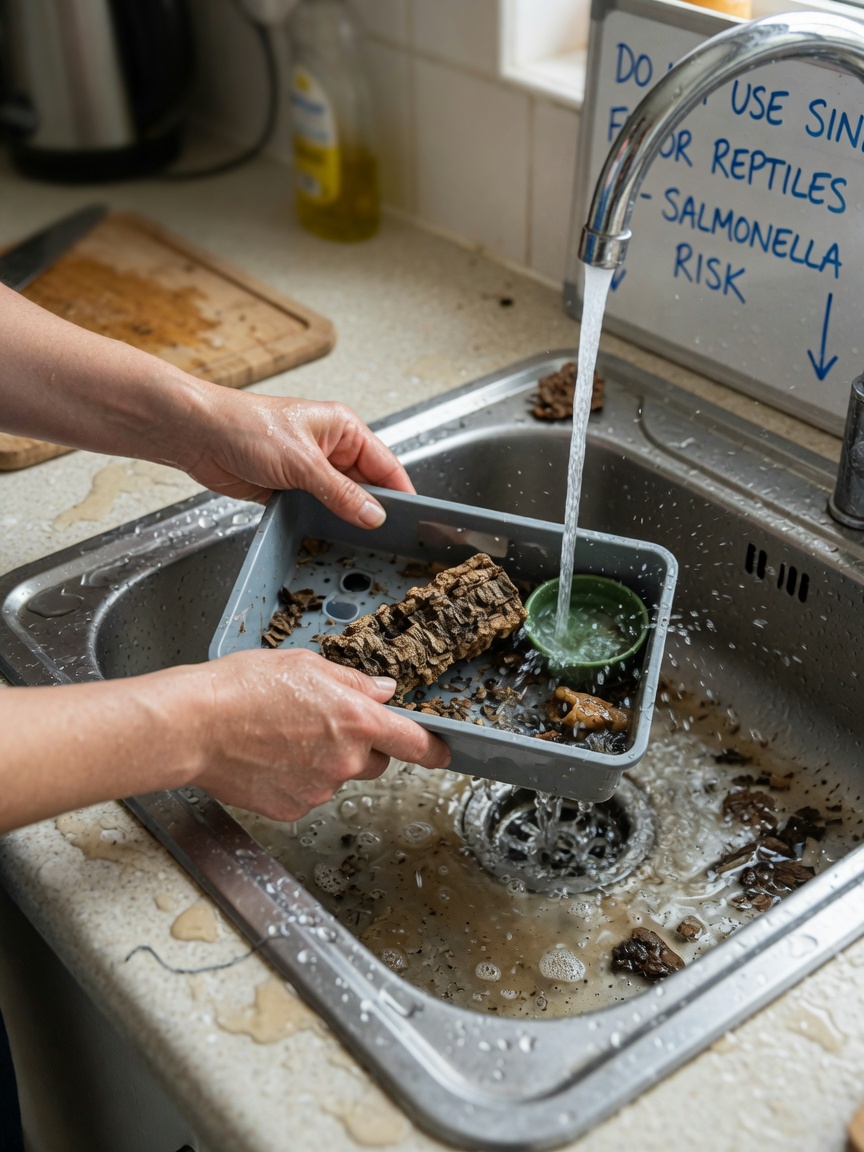 Reptile enclosure being cleaned in a kitchen sink with water splashing onto counter surfaces