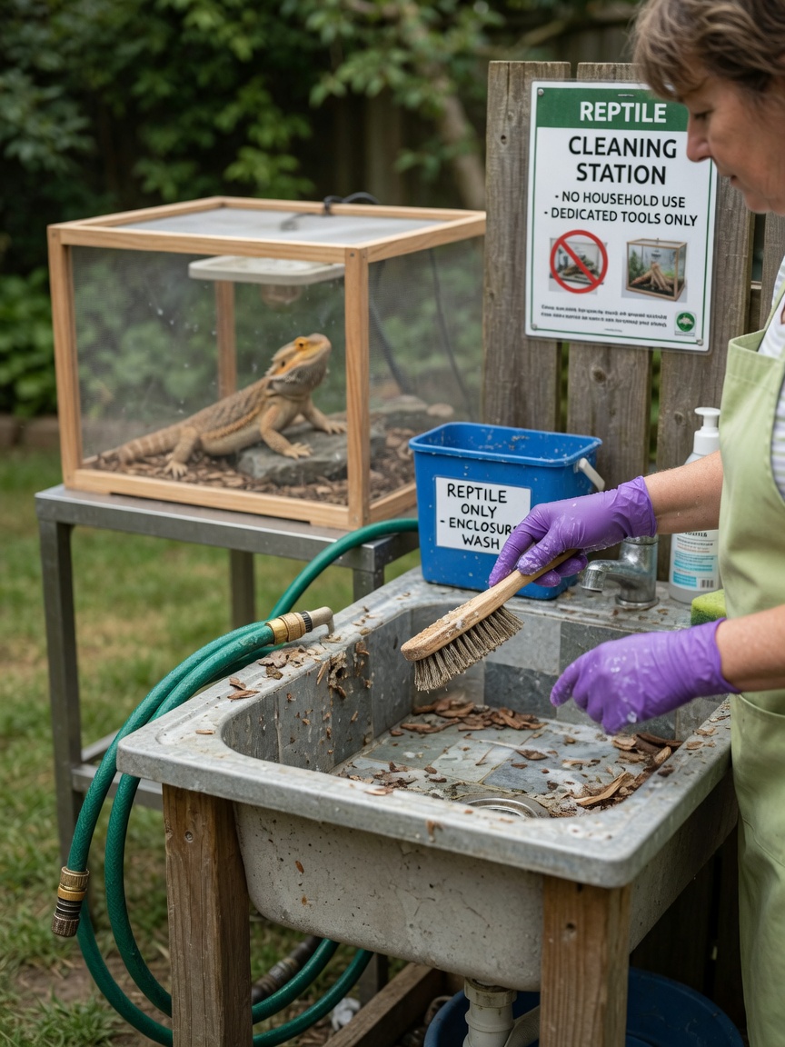 Reptile owner wearing gloves cleaning enclosure at outdoor sink with bearded dragon in separate habitat