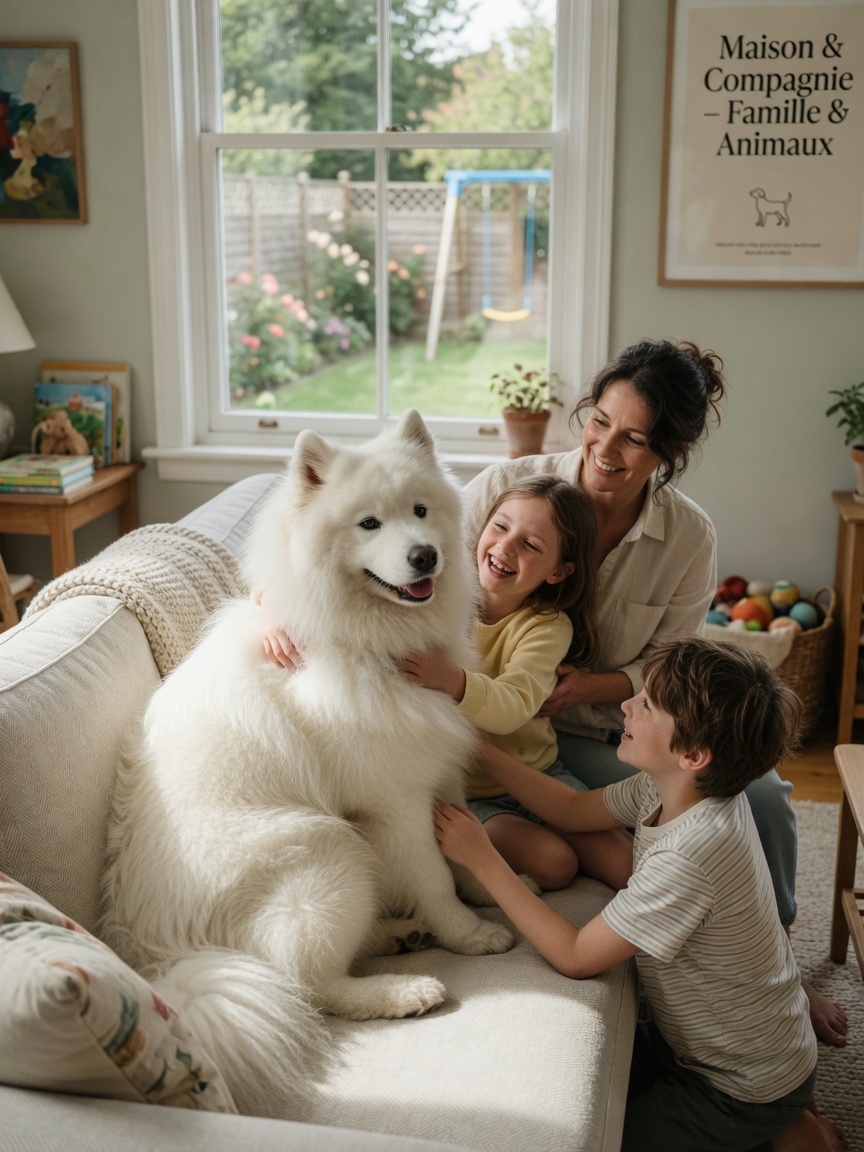 A white Samoyed sitting with a family in a living room showing its gentle, affectionate temperament