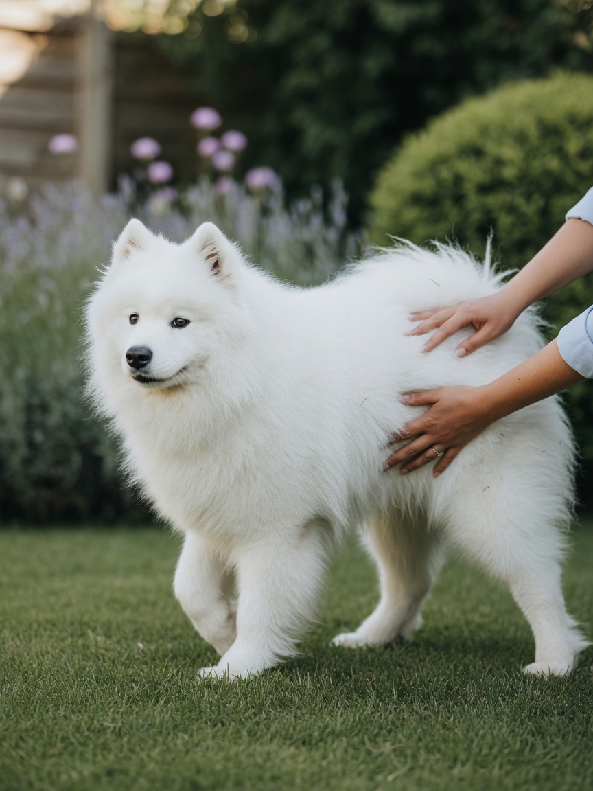 A white Samoyed demonstrating signs of hip dysplasia with stiffness in the hindquarters, owner examining the dog's hip joint