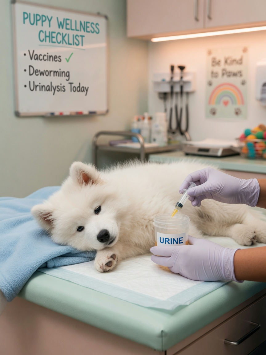 A young white Samoyed puppy undergoing urinalysis testing with a veterinarian, showing early detection of Samoyed Hereditary Glomerulopathy