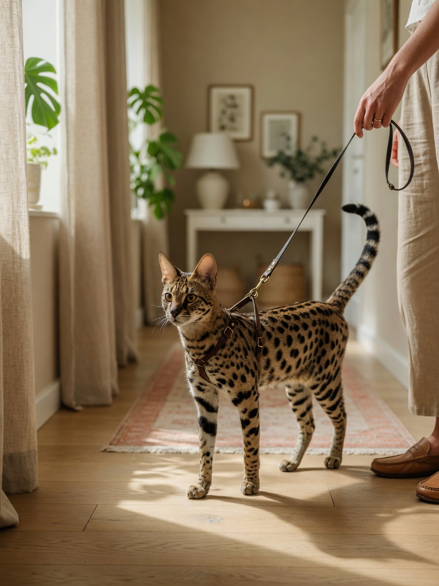Savannah cat on harness walking alongside owner, showing dog-like trainability