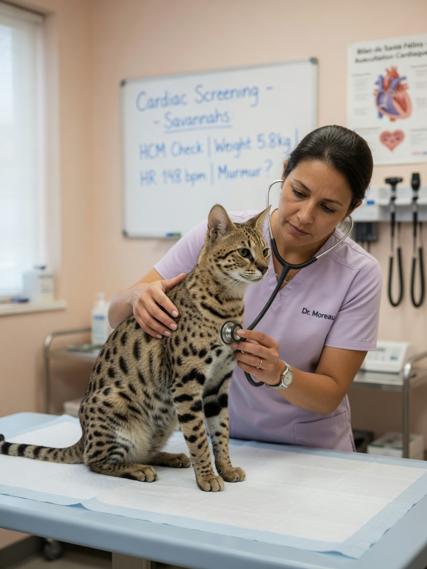 Savannah cat receiving cardiac auscultation exam from veterinarian at clinic