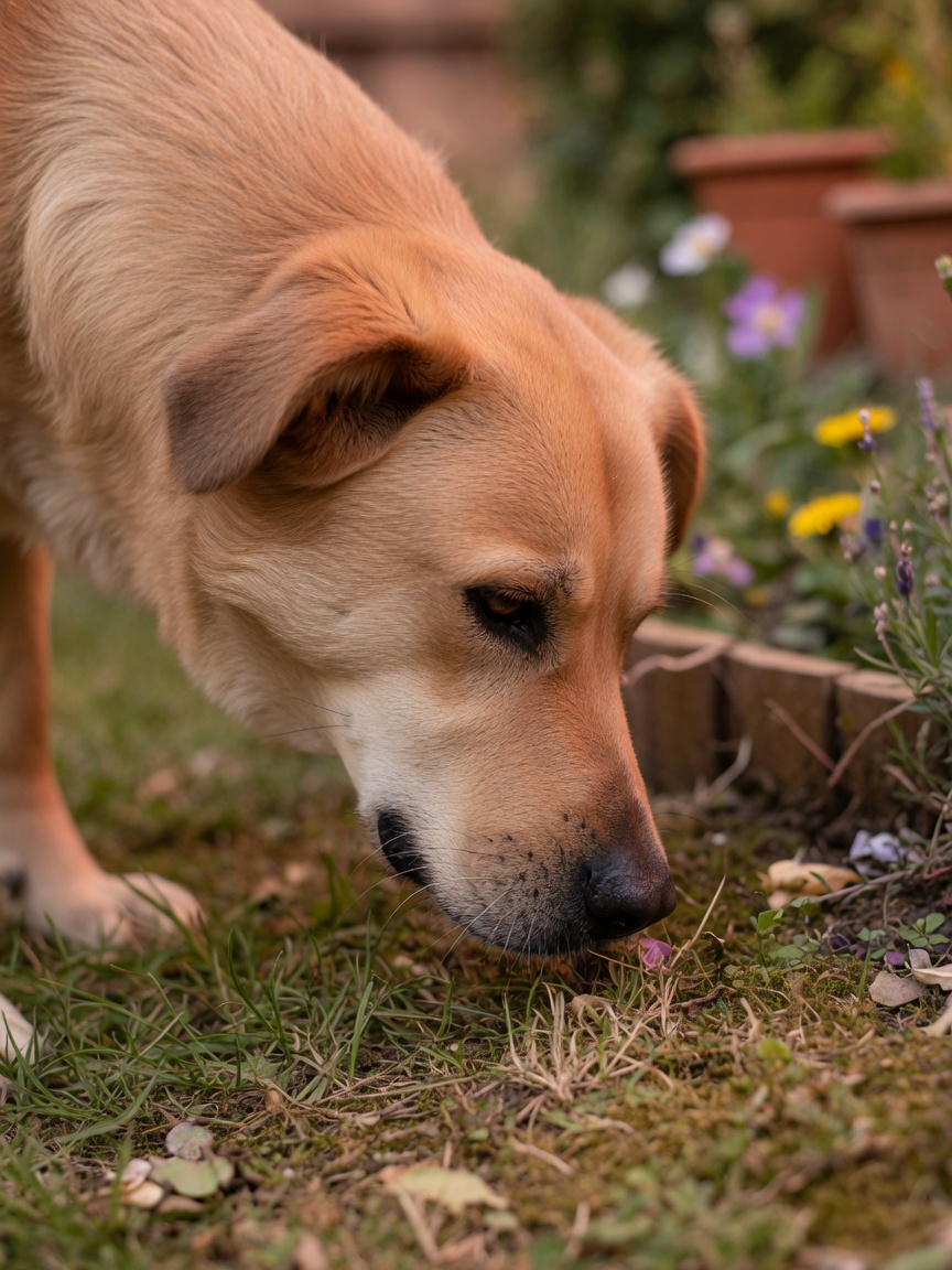 Dog's face in profile during sniff walk, nose close to ground, calm and focused expression, garden setting with soft natural light and blurred grass background