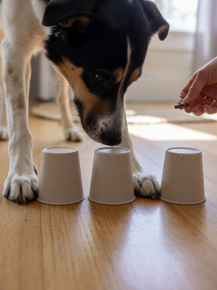 Dog's front paws investigating three opaque cups on wooden floor, nose close to cups during scent work game, soft window light, handler's hand visible at frame edge