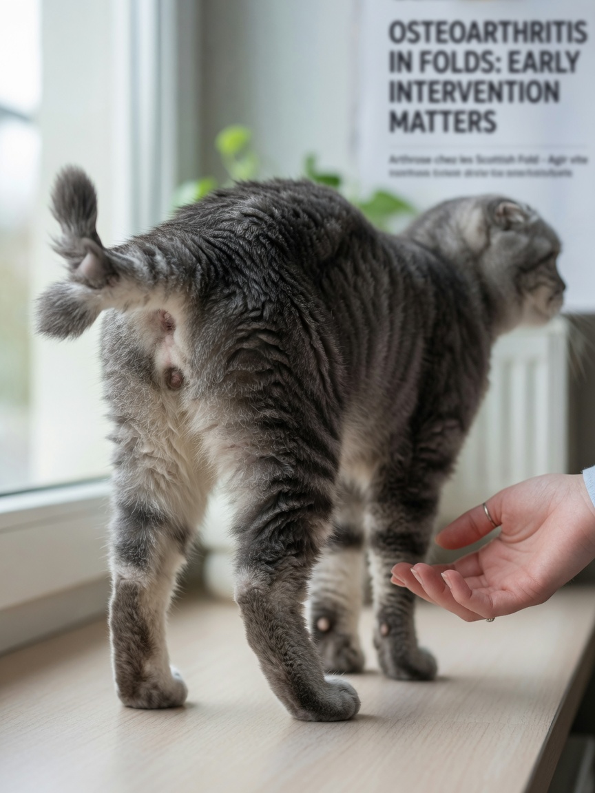 Scottish Fold cat displaying visible skeletal deformities in hind limbs and tail from osteochondrodysplasia