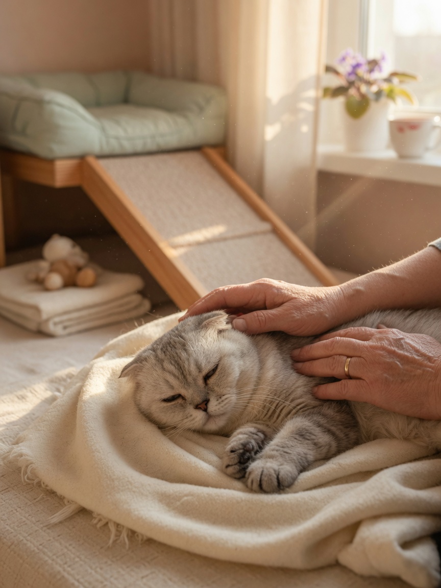 Scottish Fold cat resting comfortably with gentle owner care, environmental adaptations visible for pain management